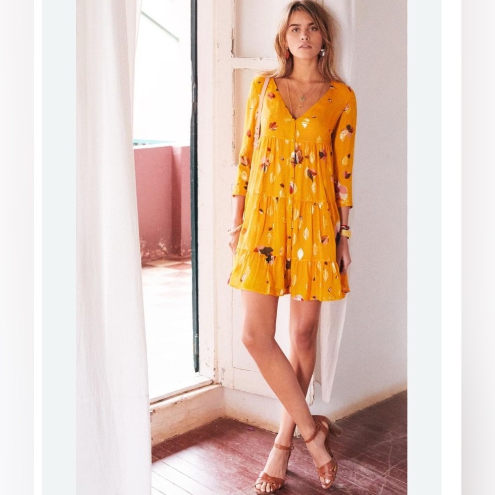 Sezane Yellow Floral Tiered V-Neck Dress